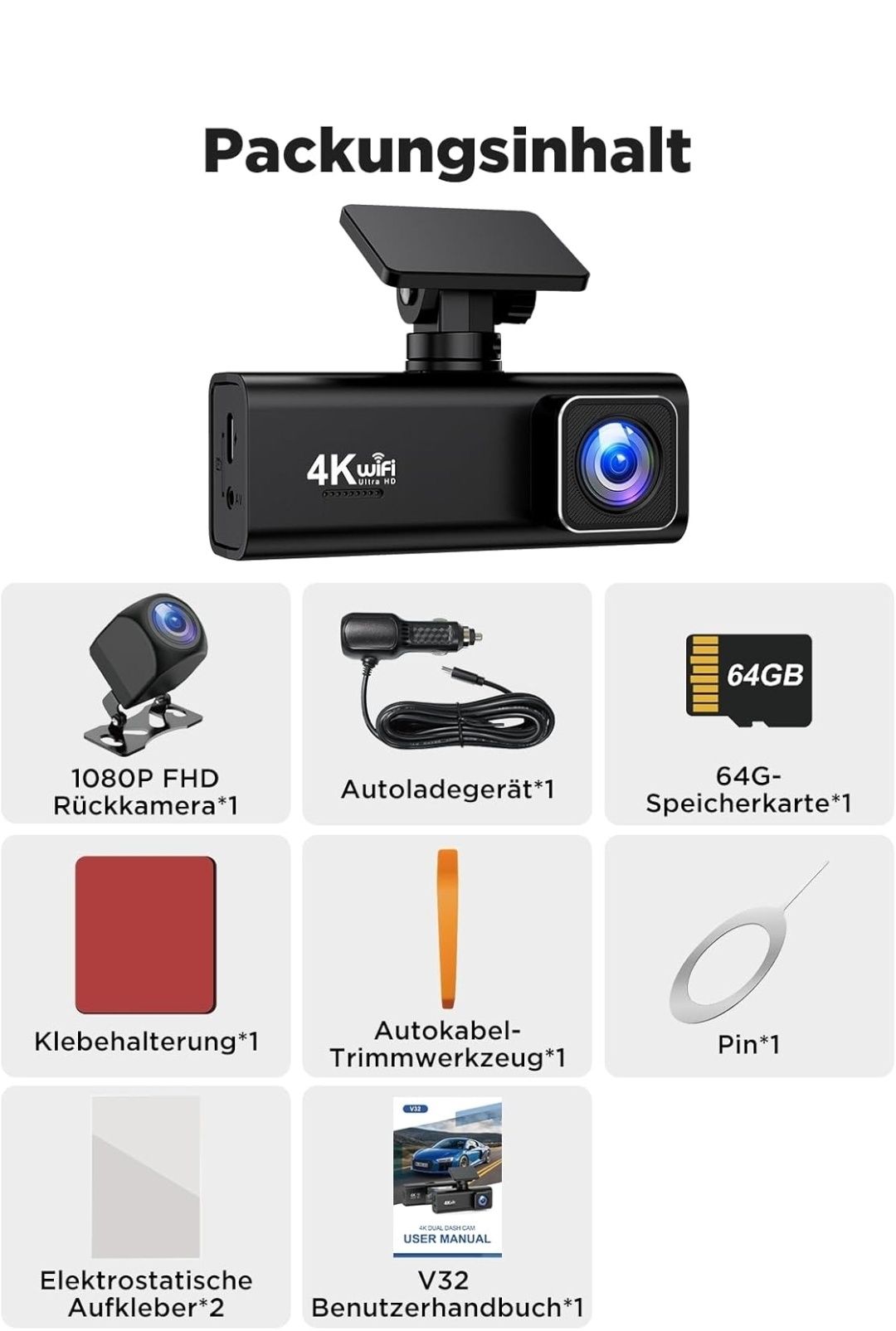Topabol Kamera Samochodowa – Dashcam 4K + 1080P z Przodu i z Tyłu Nowa