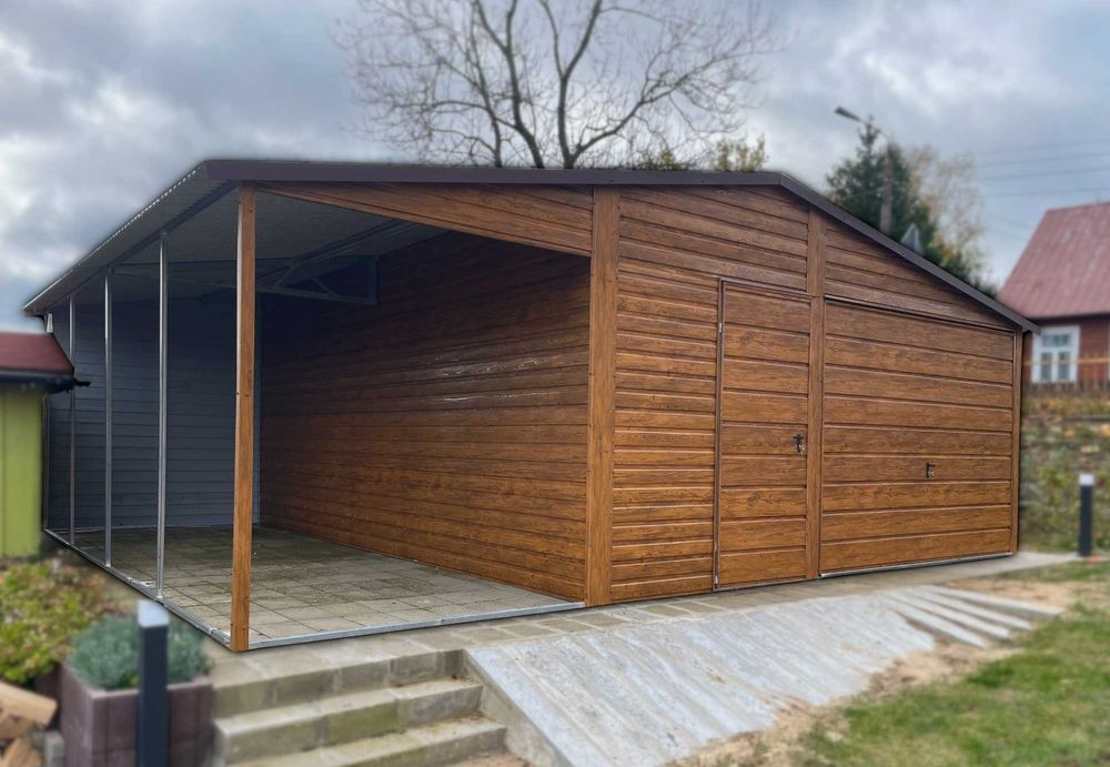 Garaż blaszany z wiatą 7x5 drewnopodobny PREMIUM | Producent ROBSTAL