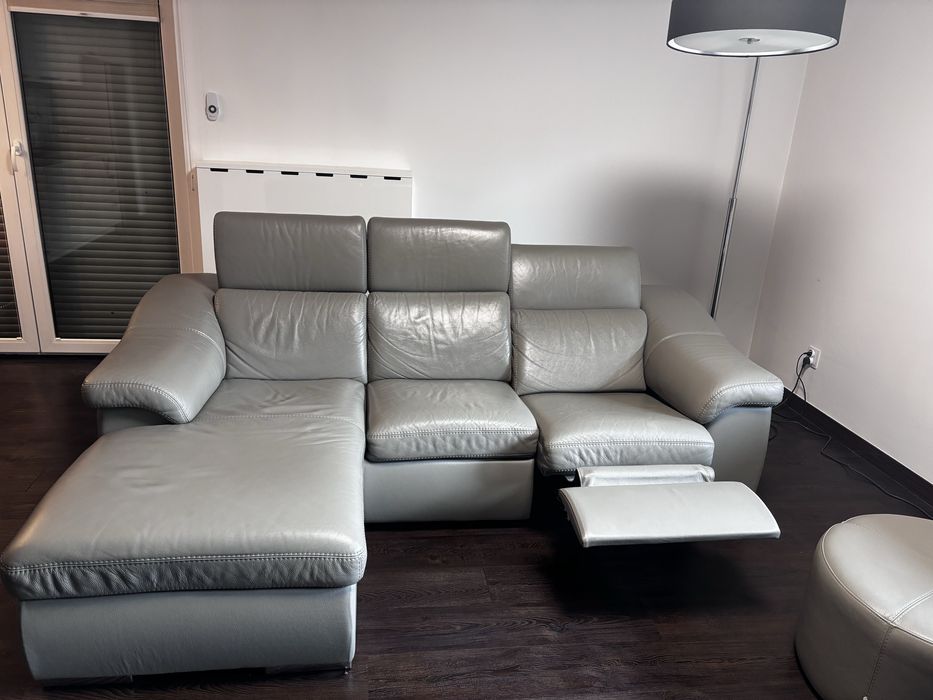 Kanapa Kler, szara, skorzana + pufa