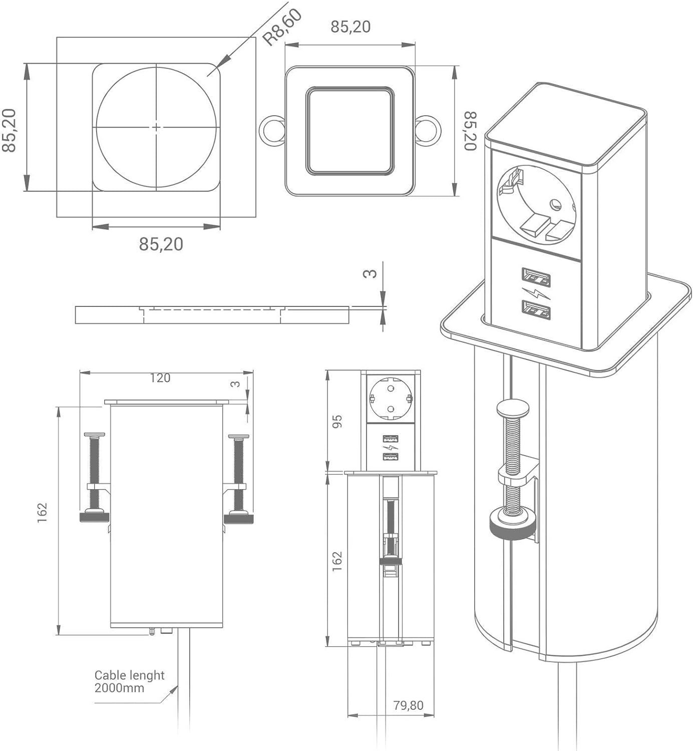 Gniazdo wtykowe do wbudowania (2 x porty USB / 1 x gniazdo z zestykiem