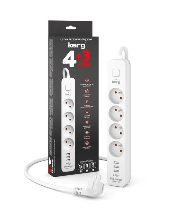 Przedłużacz przeciwprzepięciowy Kerg 4 gniazda + USB 3m M02414