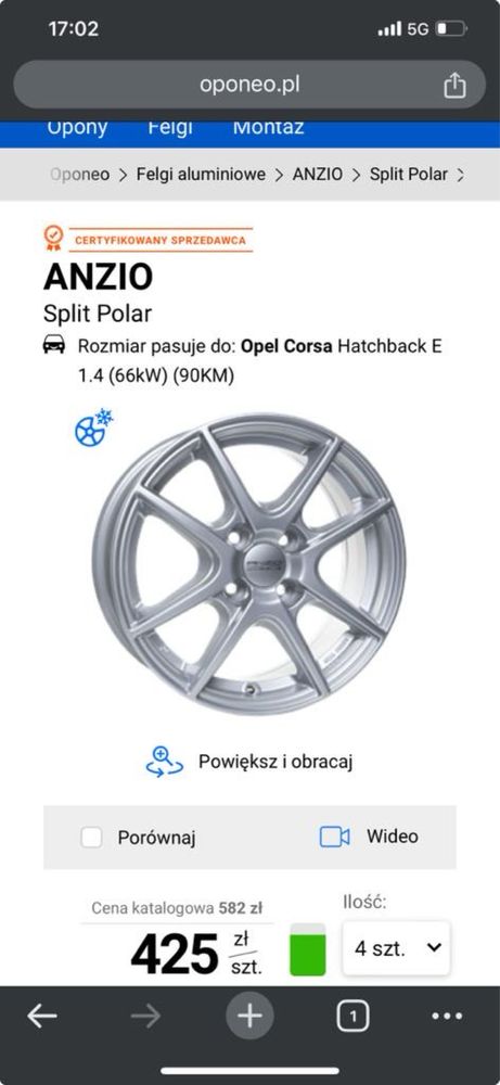 4  x Alufelgi Anzio 15” +opony Opel