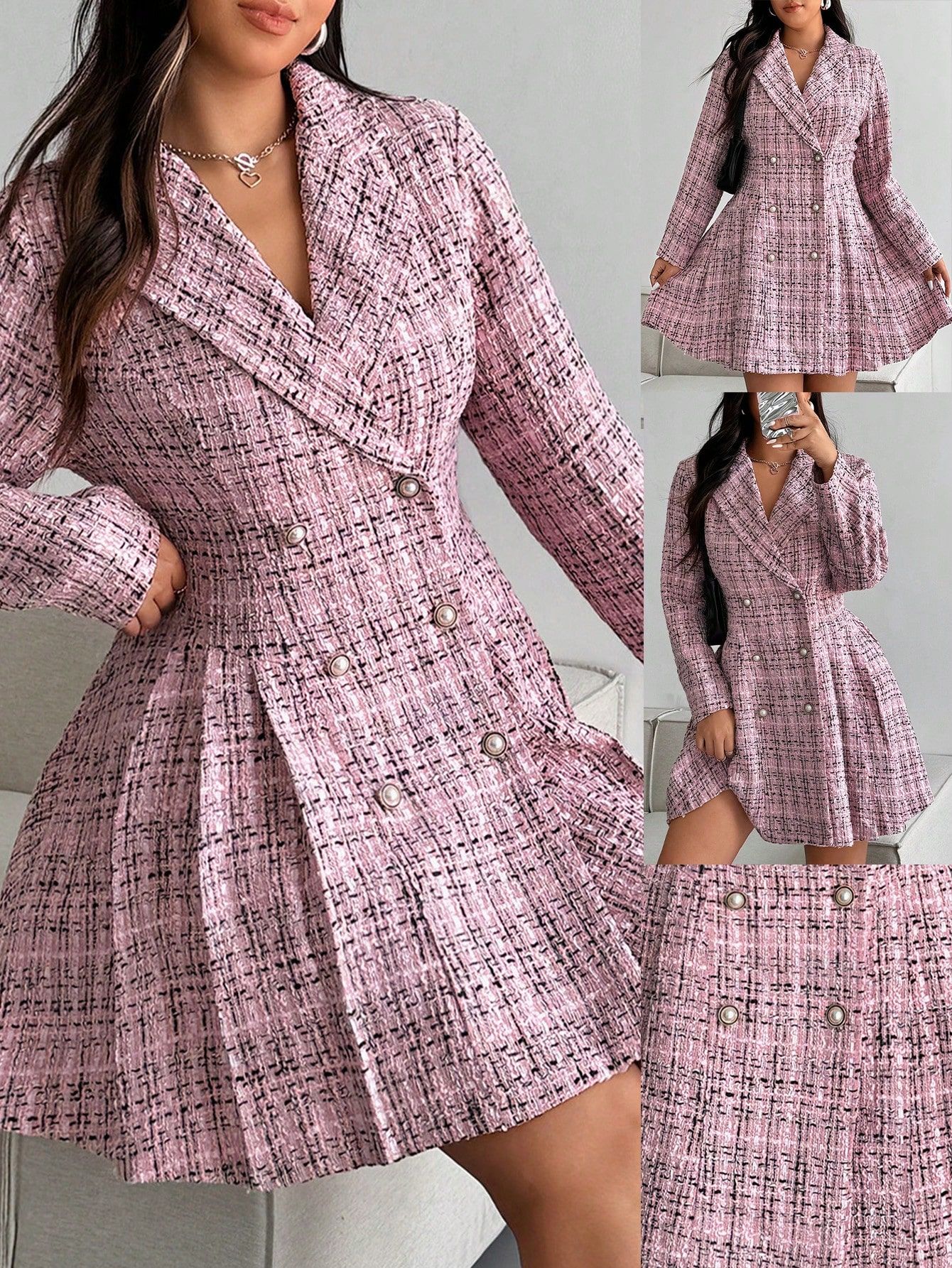 Sukienka Tweedowa Marynarkowa Elegancka Dwurzędowa Różowa Shein 3Xl 46