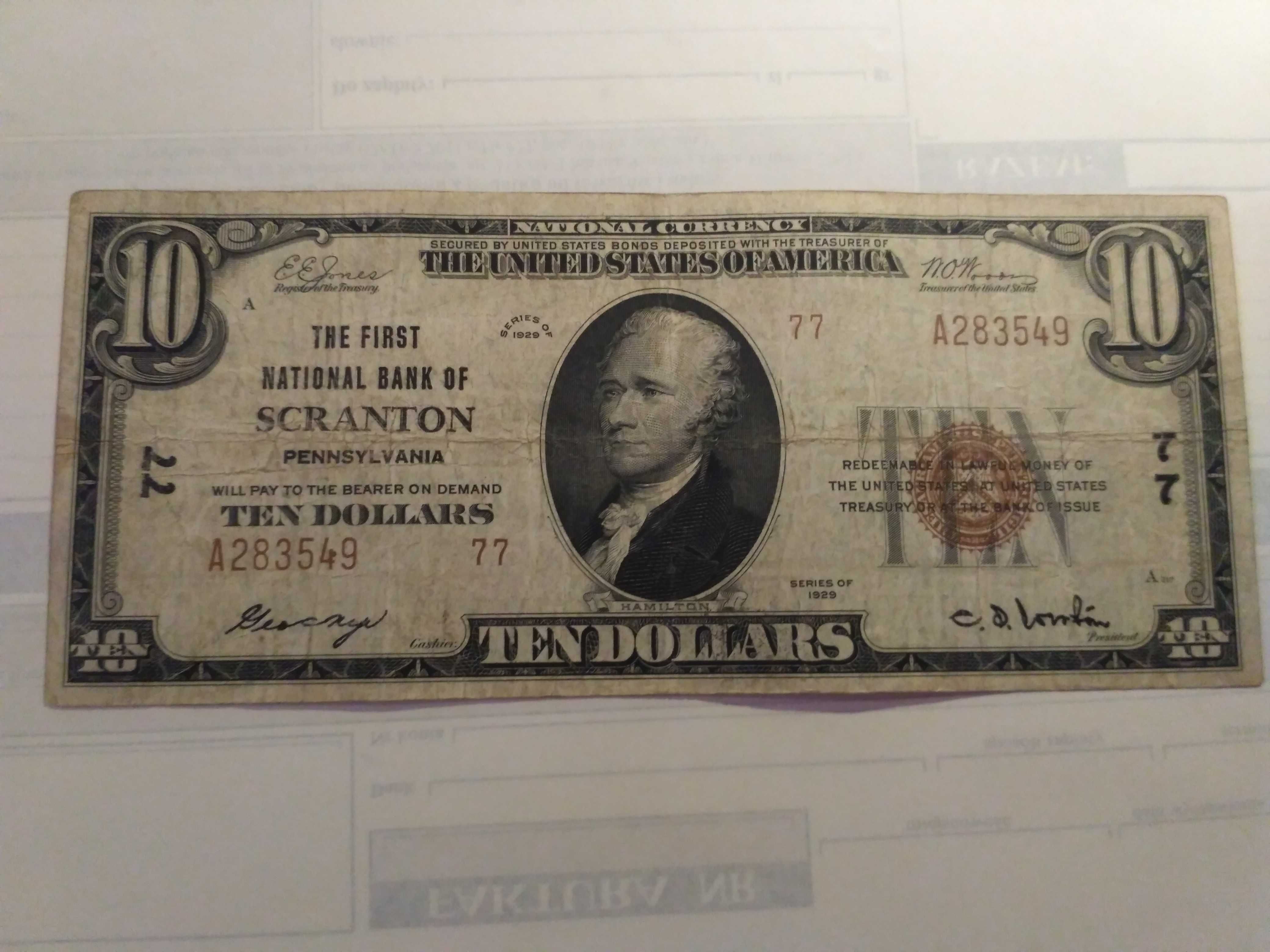 10 dolarów 10$ 1929 SCRANTON Rarytas Ładny stan.  Niski numer.