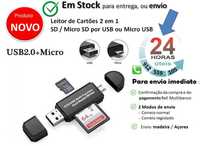 Leitor de Cartões 2 em 1 SD / Micro SD por USB ou Micro USB