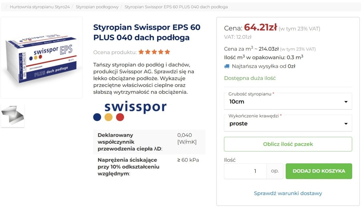 Styropian Swisspor EPS 60 lambda 0.040W/mK (paczka 3m2)
PLUS 040 dach