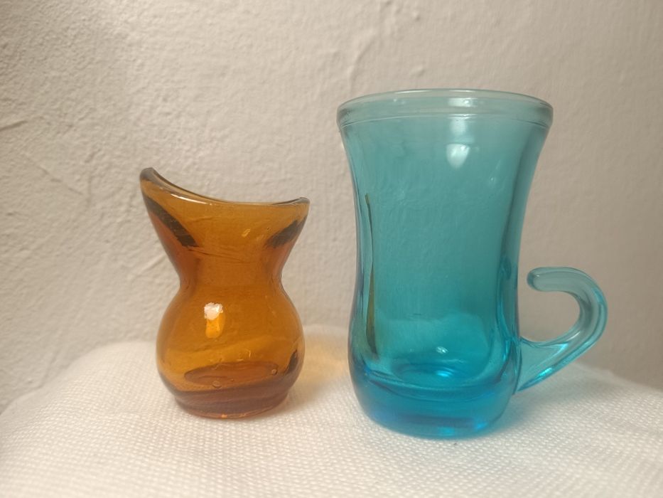 2 sztuki cudny mini wazon, wazonik szklany, szkło, Miodowy i Turkusowy