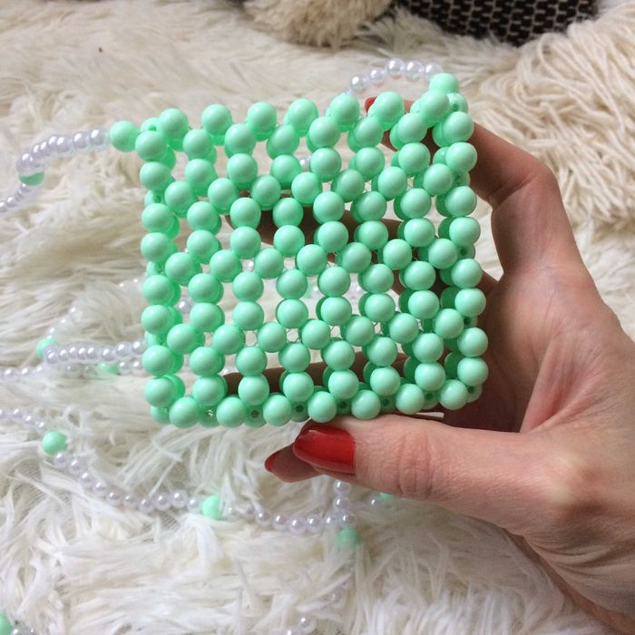 Torebka zielona miętowa pistacja biała koraliki perełki mini pearl bag