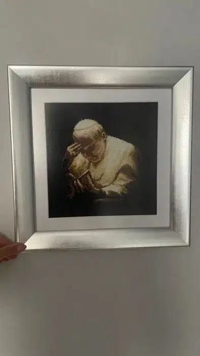 Obraz szydełkowy ręcznie robiony Jan Paweł II Papież Kotunia ślub rama