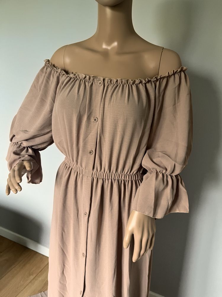 Suknia do sesji ciążowej boho kawa z mlekiem rozpinana XL beżowa