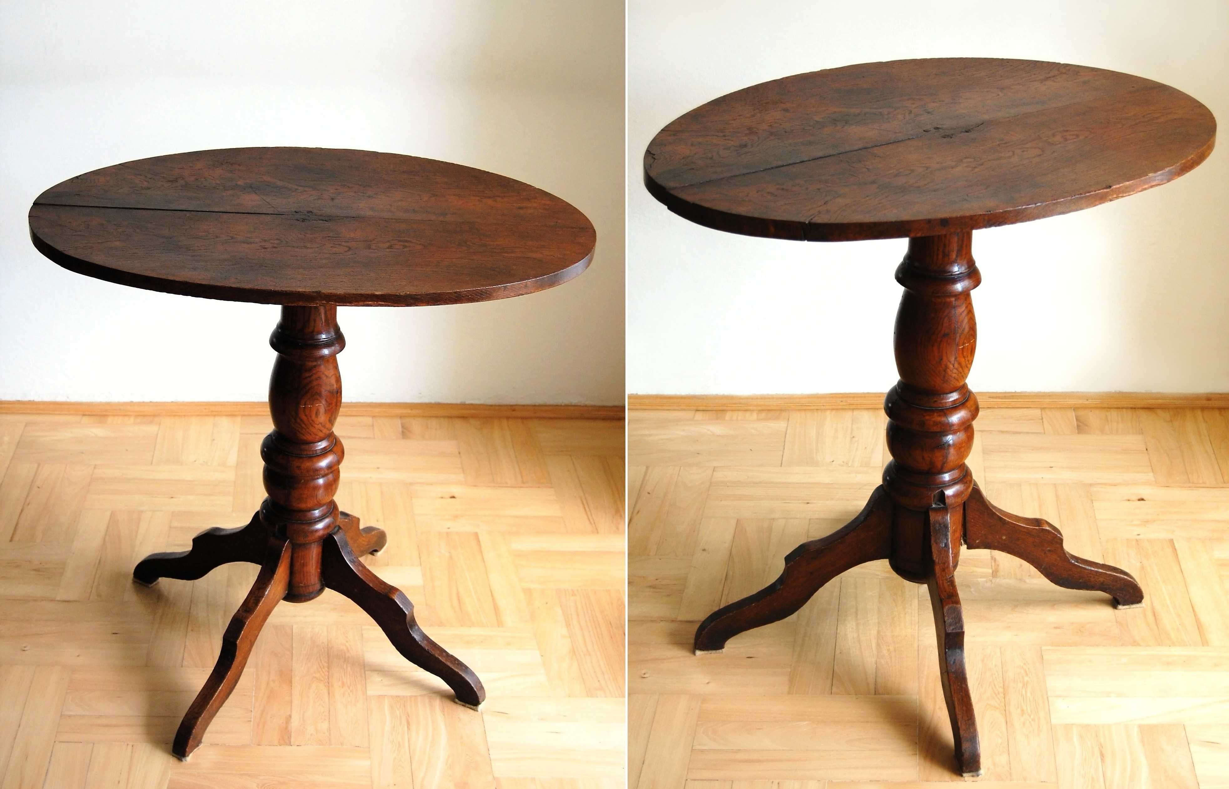 Przedwojenny stolik drewniany, kawowy, na jednej nodze, toczona noga