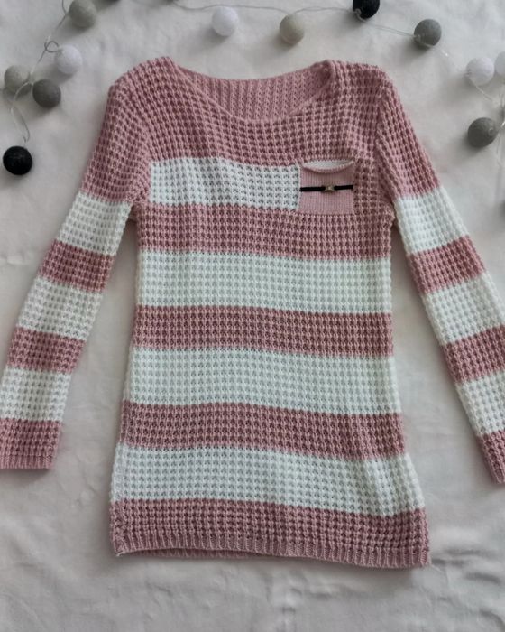 Sweterek w białoróżowe paski z kieszonką S