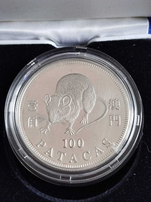 Macau - 100 Patacas 1998 Ano do Rato Prata PROOF estojo e certificado