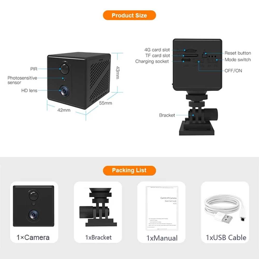 Mini kamera 5 MP Bateria 3000 mAh 64 GB na kartę SIM 4G detekcja ruchu