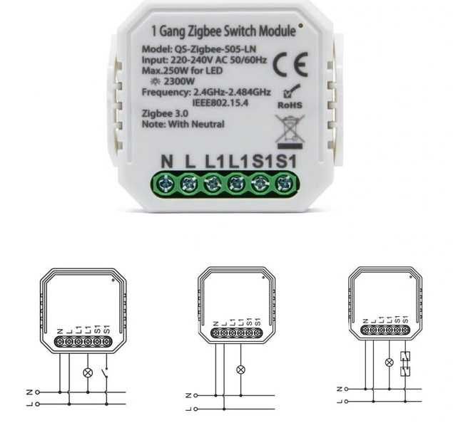 Przełącznik dopuszkowy 1-kanałowy Tuya Zigbee