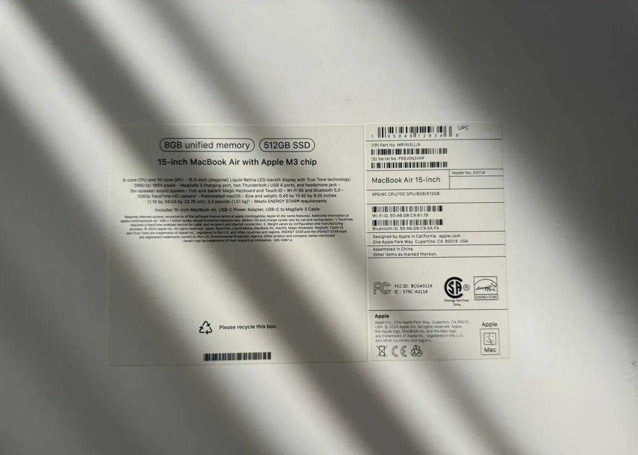 Apple macbook air 15 m3 8gb 512 gb