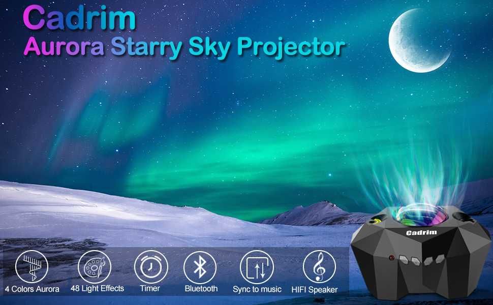 Cadrim 3w1 projektor gwiazd zorza polarna LED z głośnikiem Bluetooth