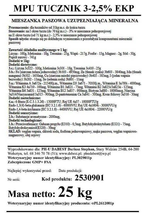 Premix 3-2,5% dla Tuczników w wadze od 30do do końca tuczu pakiet 1t