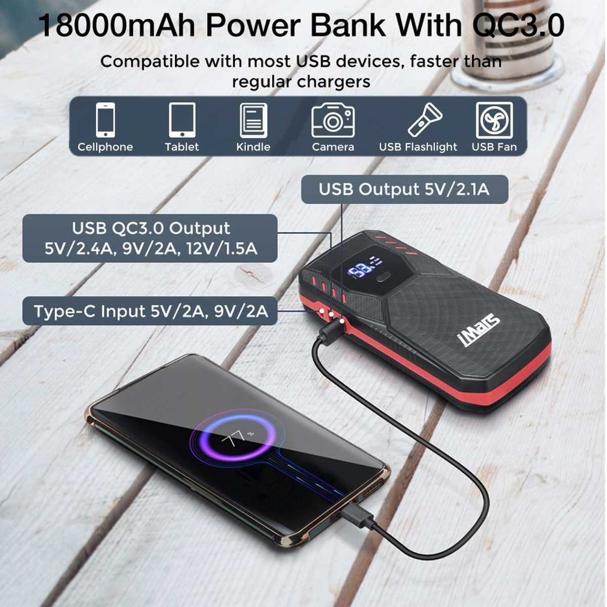 Booster Arranque * 18000mAh * 1500A * Carga Rápida * À Prova de Fogo