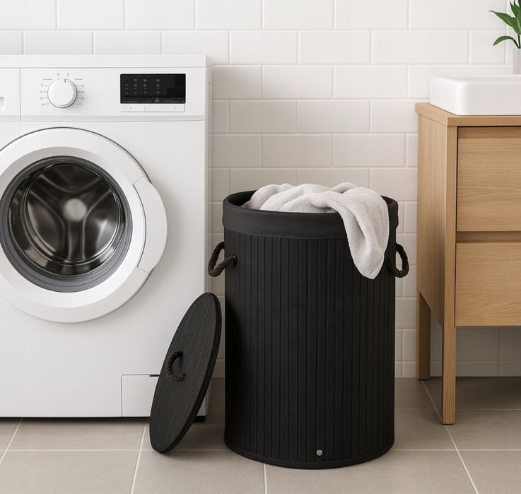 Kosz na pranie bambusowy czarny z pokrywką 60L