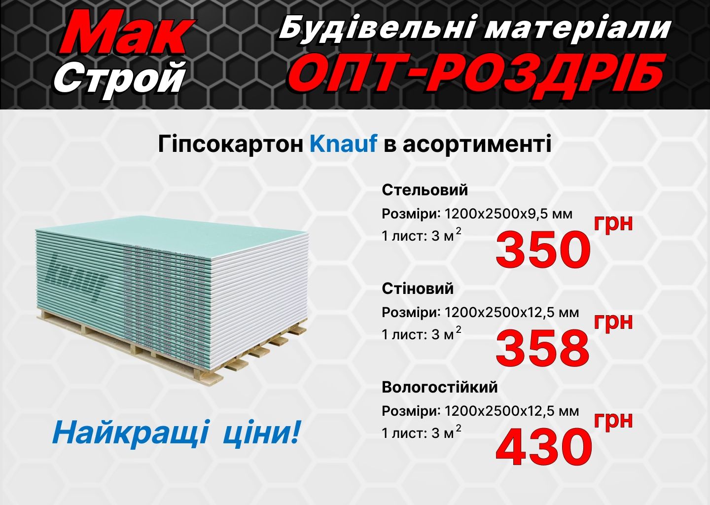 Гіпсокартон Knauf в асортименті