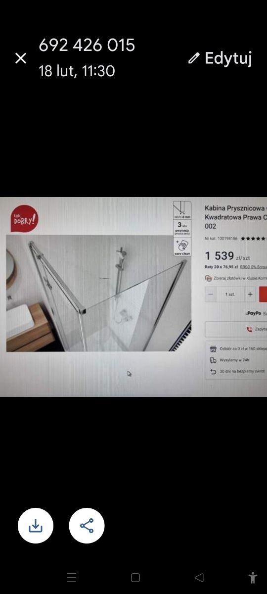Sprzedam kabine prysznicowa  kwadratowa prawa 90cm