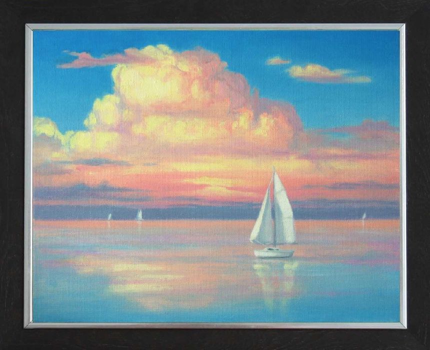 Obraz olejny morze zachód statki pejzaż 40x30 cm