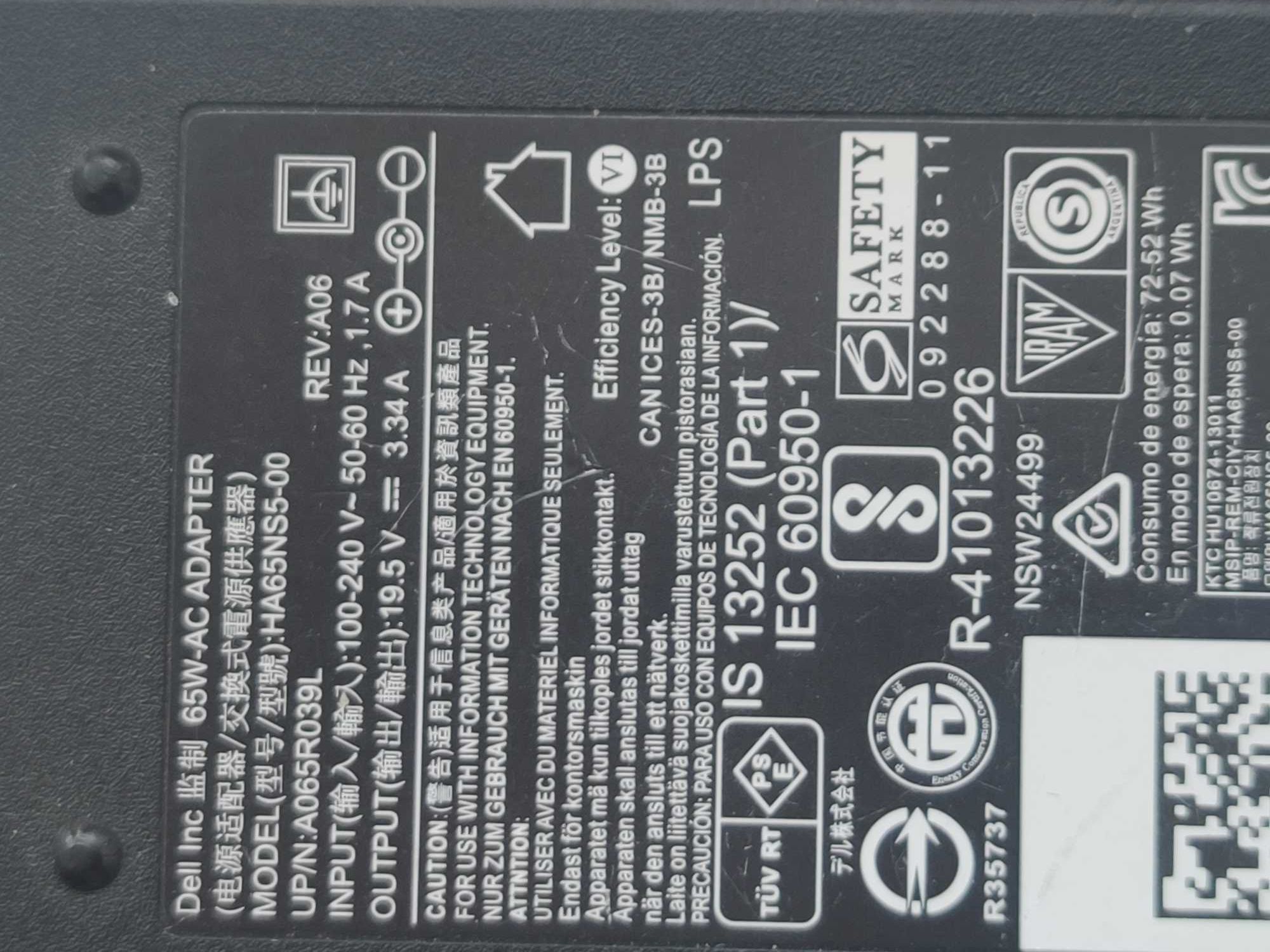Зарядний пристрій для ноутбука DEL. 19.5v. 3.34A. 65W. Оригінал.