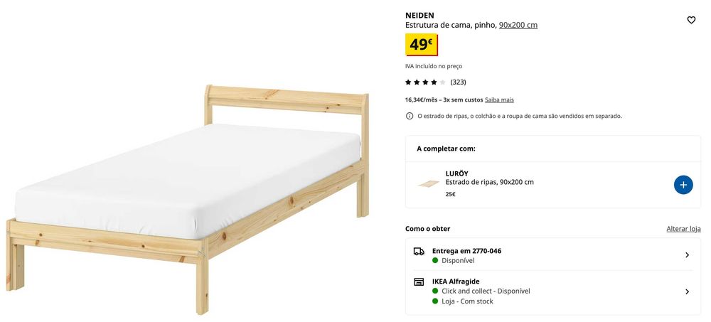 Estrutura de cama, pinho 90x200 cm
