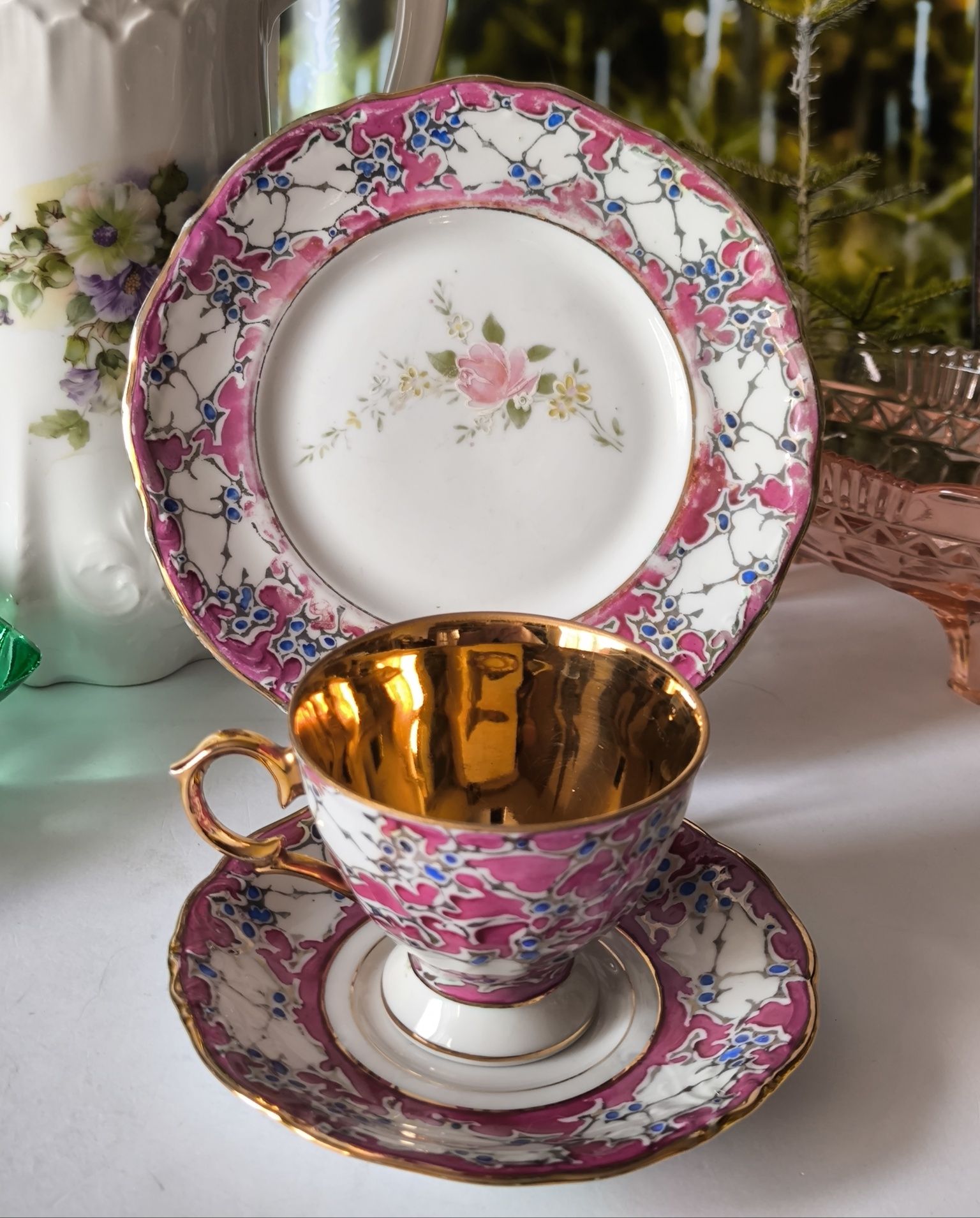 Trio składak Ćmielów Bogucice piękna stara porcelana ręcznie malowana