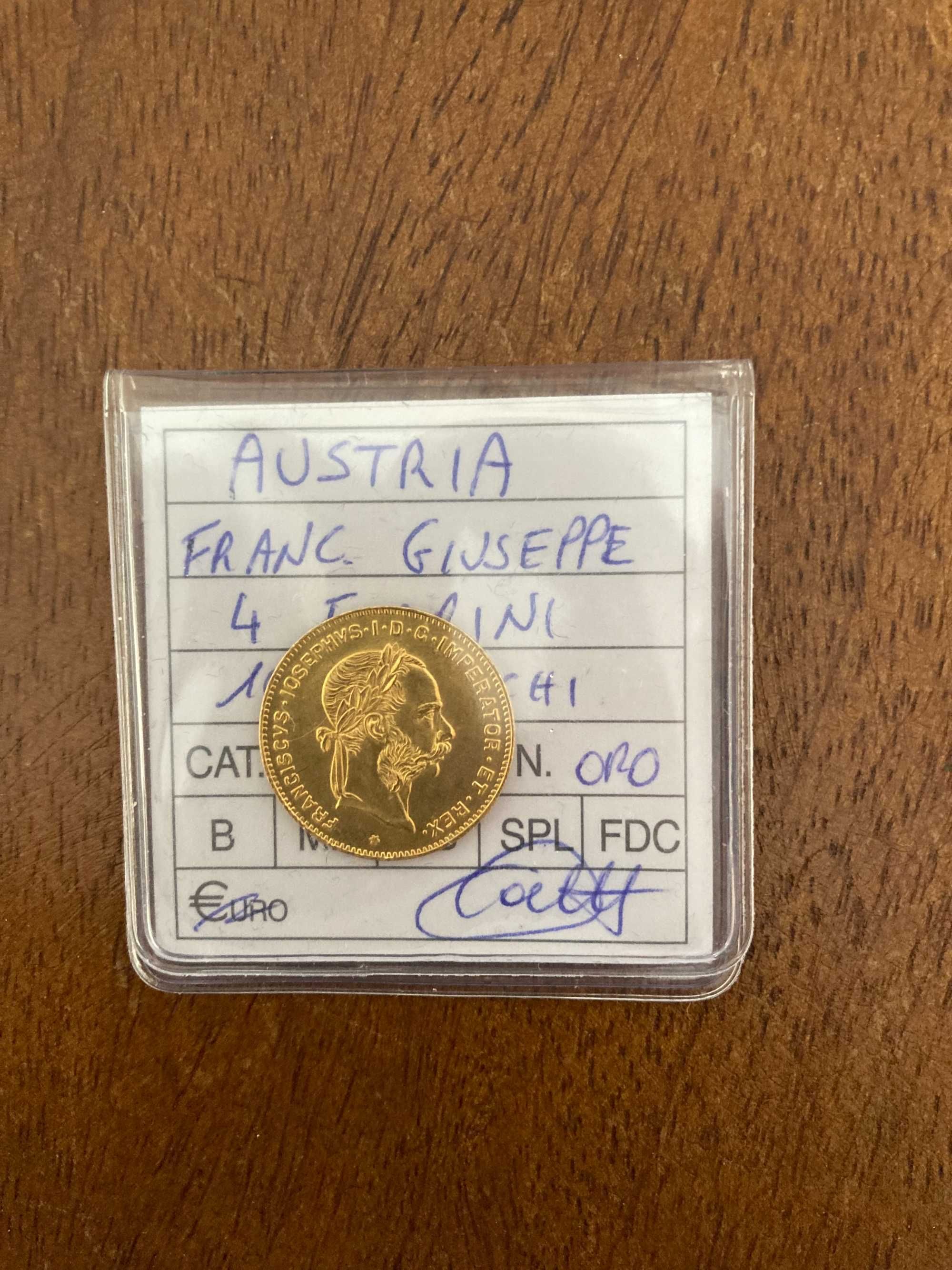1892 Austria Ouro 4 Florim/10 Francos Franz Joseph moeda