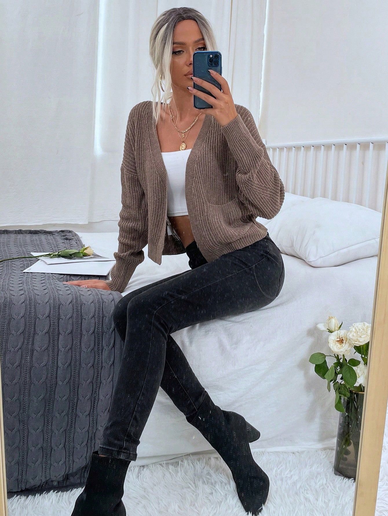 Kardigan Bez Zapięcia Krótki Z Kieszeniami Brązowy Casual Shein L 40