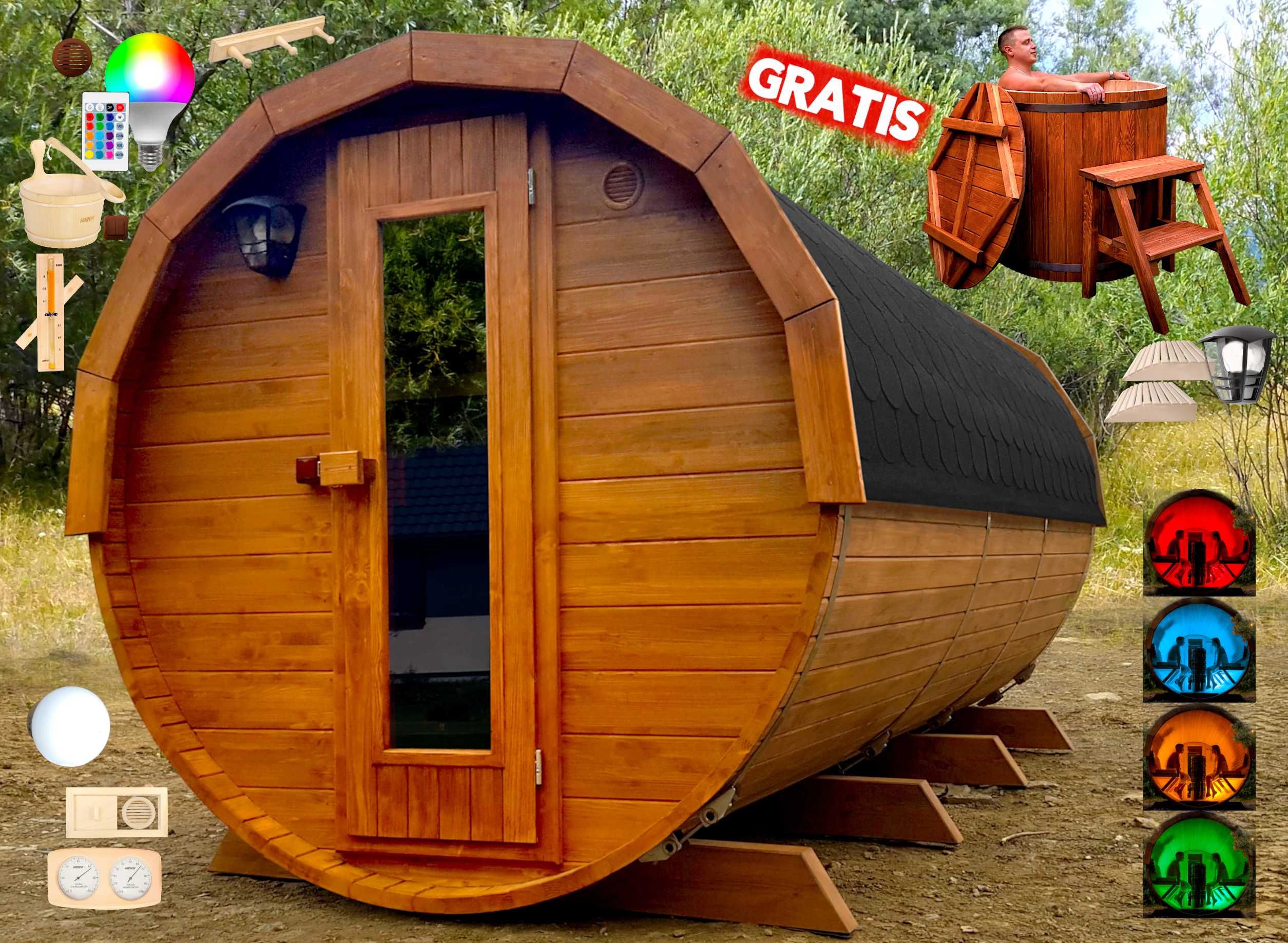 SAUNA Ogrodowa 400cm + Akcesoria + BECZKA 500L GRATIS