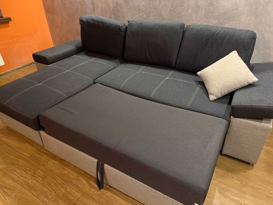 Narożnik rozkładany szaro-granatowy z funkcją spania  – stan idealny!