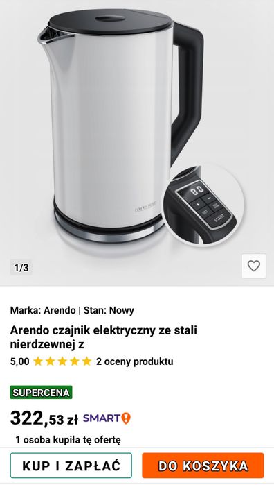 Czajnik elektryczny z wyświetlaczem Arendo Elegant 2200W, 1,5 l, biały