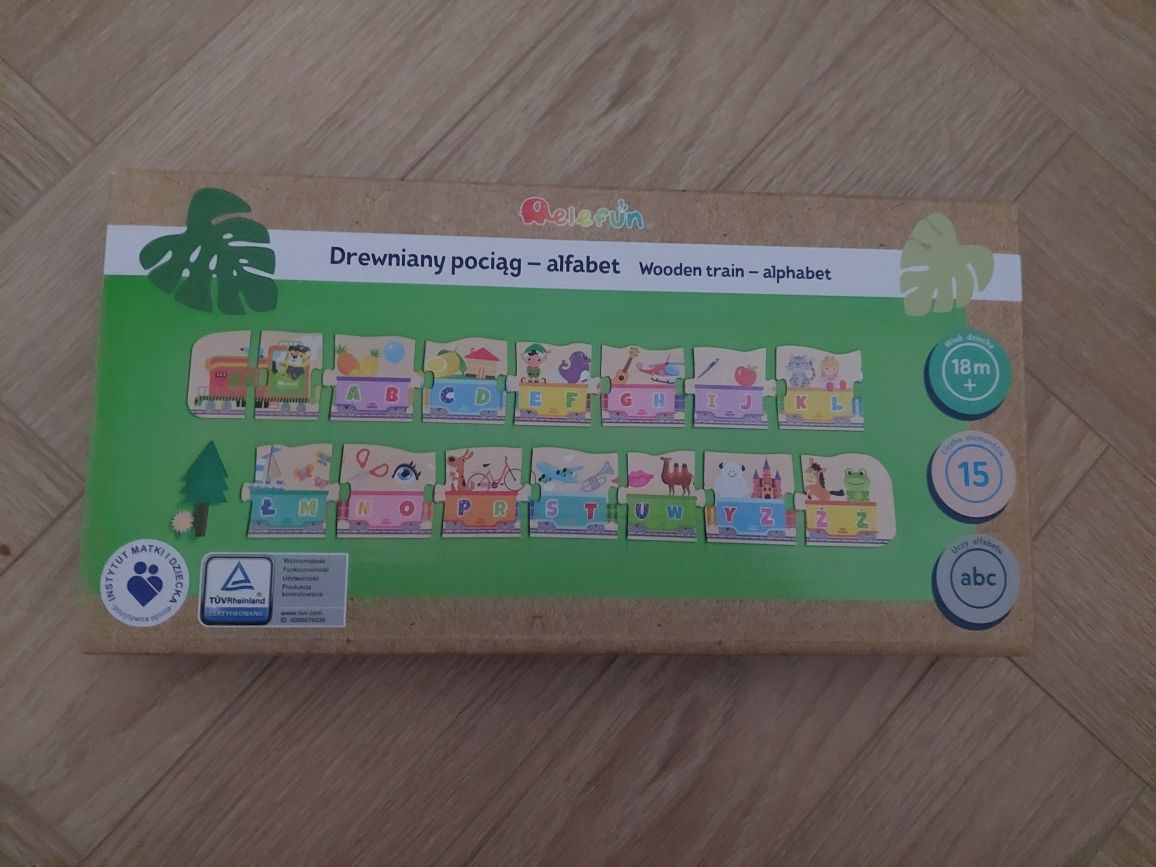 Drewniane puzzle pociąg alfabet alefun
