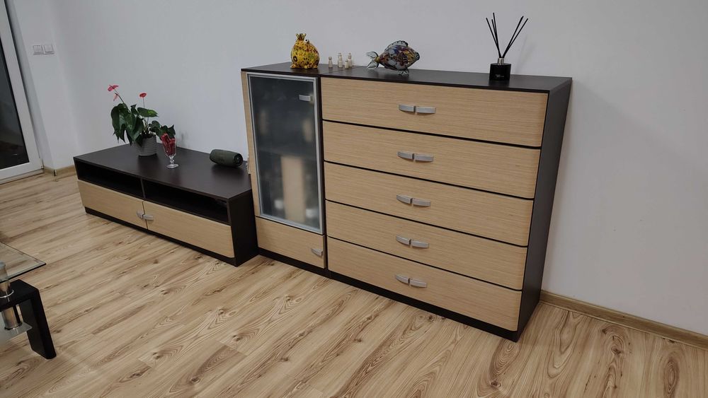 DUŻY ZESTAW MEBLI SALONOWYCH wenge/jasne drewno (Komoda, Witryna, RTV)