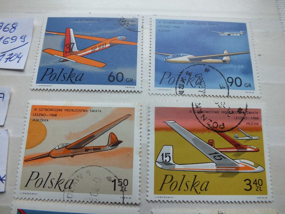 6szt. znaczki pełna seria Fi1699 Polska 1968r. LOTNICTWO Szybowce klej