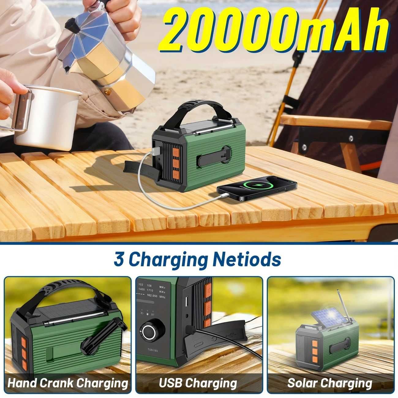Rádio Emergência Energia Solar, Bateria 20.000mAh com Lanterna, ultimo