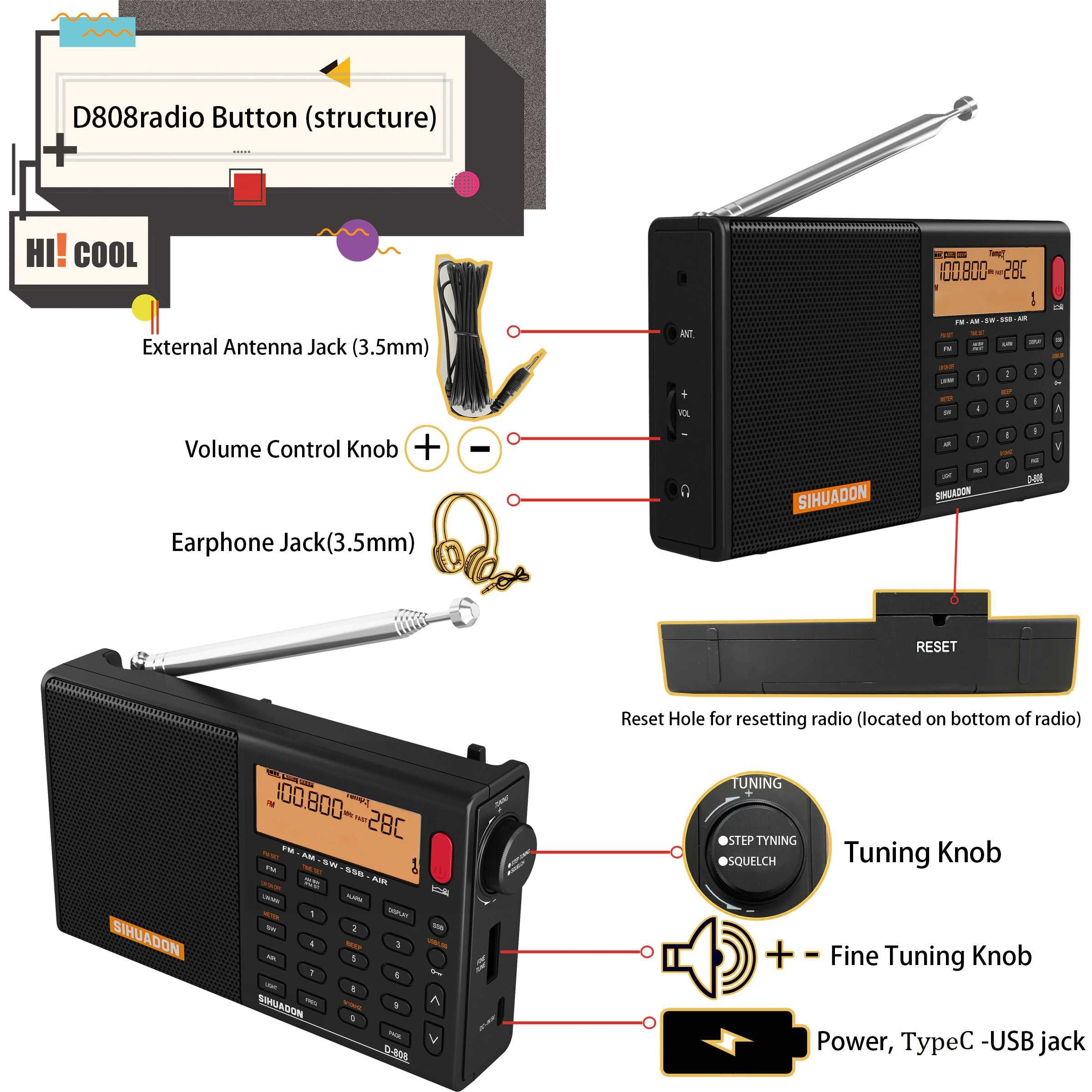 Всехвильовий радіоприймач XHDATA D-808 RDS DSP SSB AVIA LI-ion Type-C