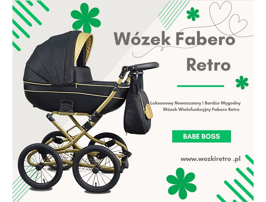 NOWY Złoty Wózek Dziecięcy Fabero Klasyczny Retro 3w1 Wielofunkcyjny