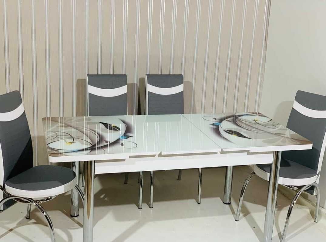 Обідній скляний розкладний стіл та стільці Обеденный кухонный стол