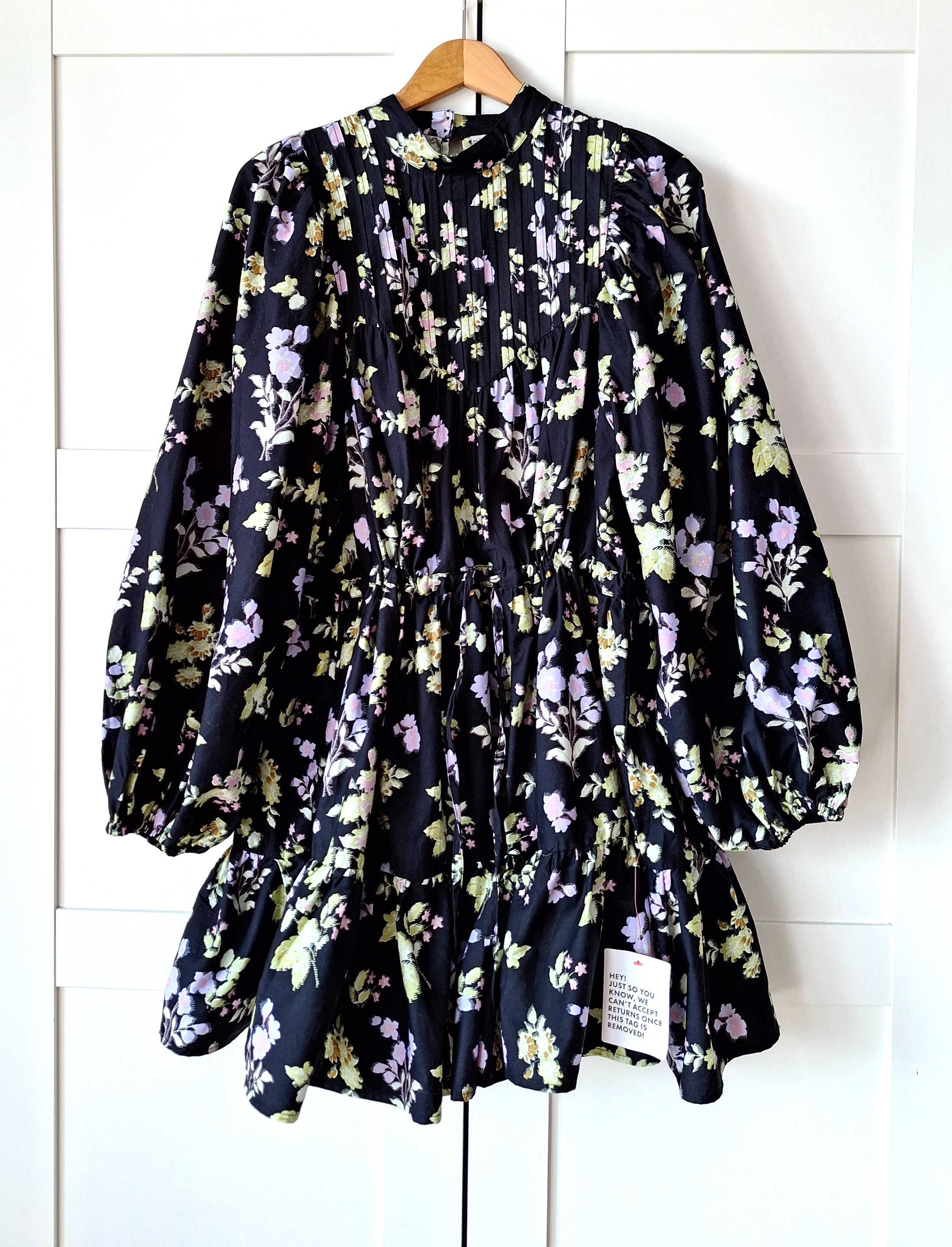 Asos Design Nowa Sukienka Mini z Szerokimi Rękawami Stójka Bawełna L