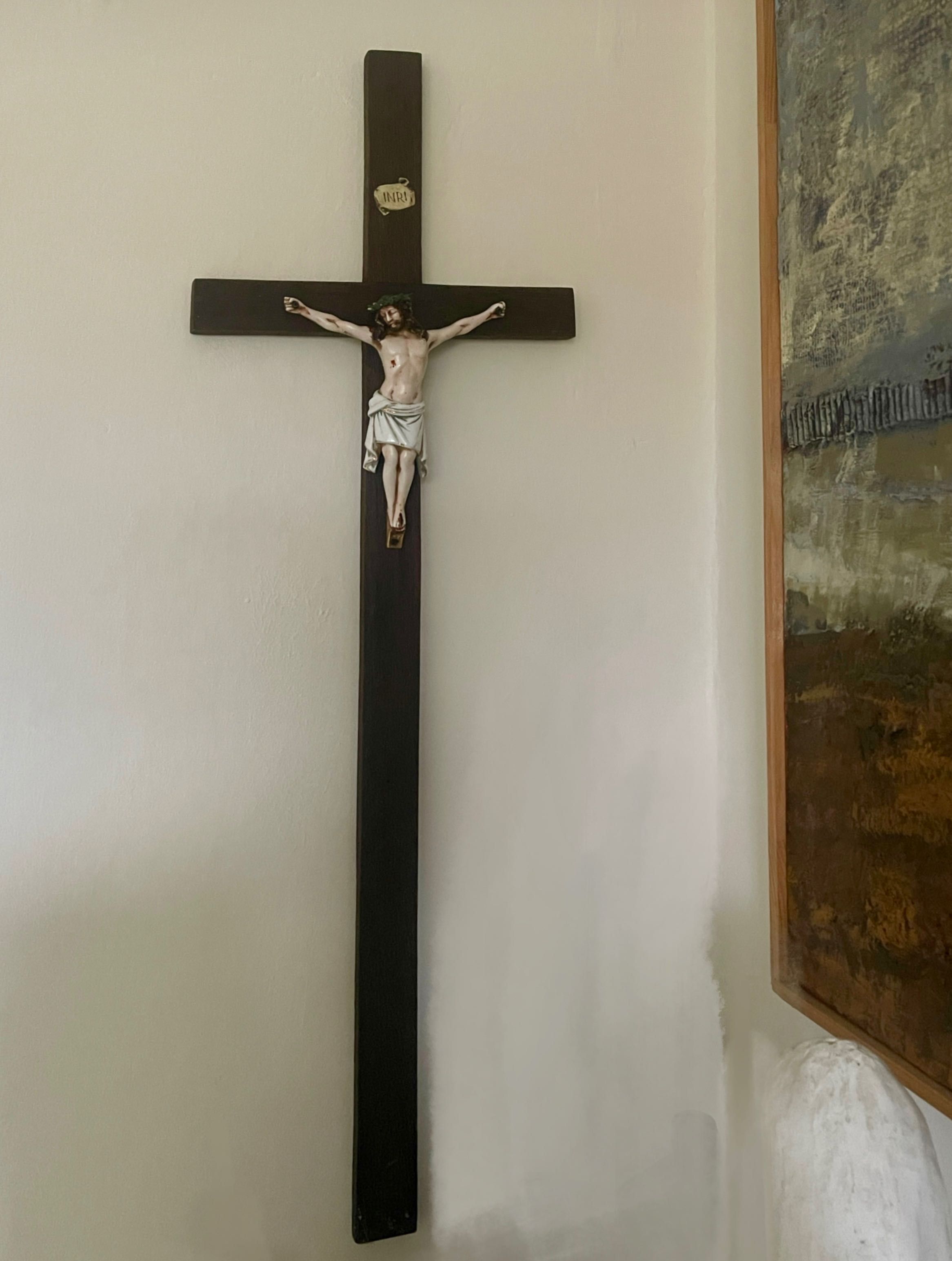 Stary krzyż drewniany , Jezus pasyjka porcelana