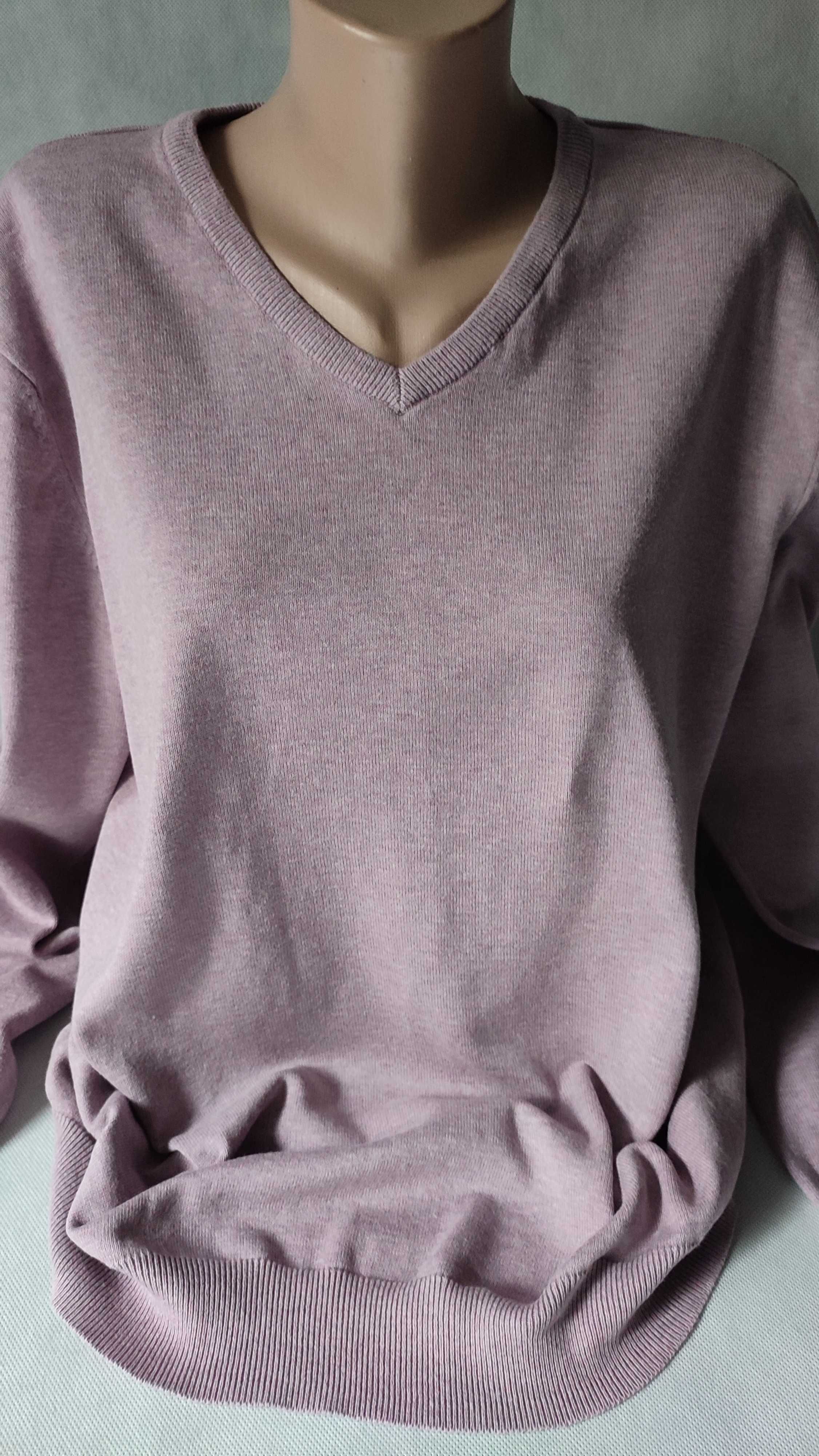 Bawełniany liliowy sweter dekolt V z długim rękawem XL 100% bawełna