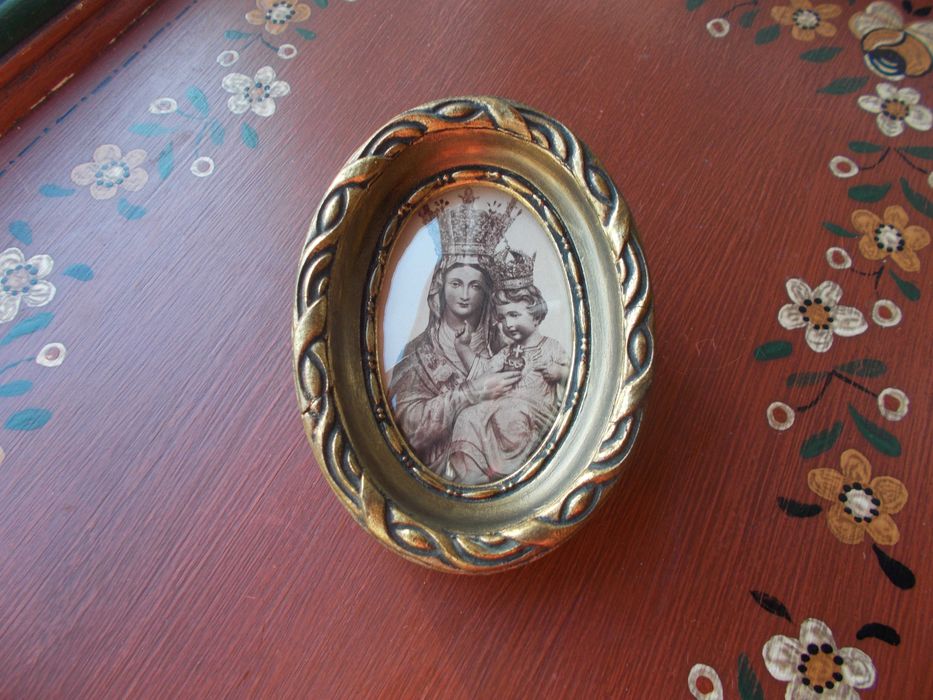 Zabytkowa ramka owalna złocona wypukła szybka, stary obrazek religijny