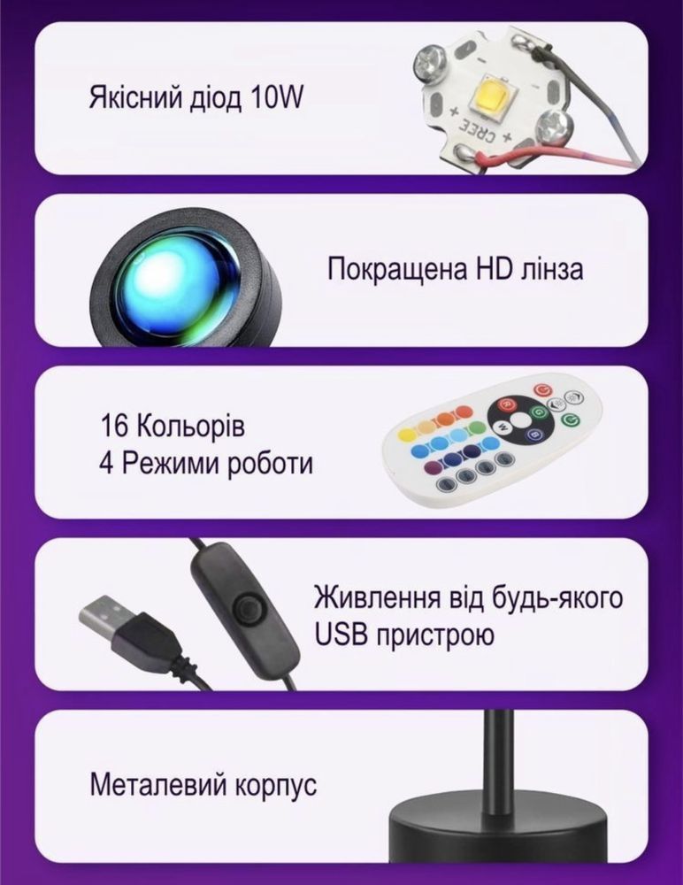 Світлодіодна rgb лампа з проекцією заходу/сходу сонця.