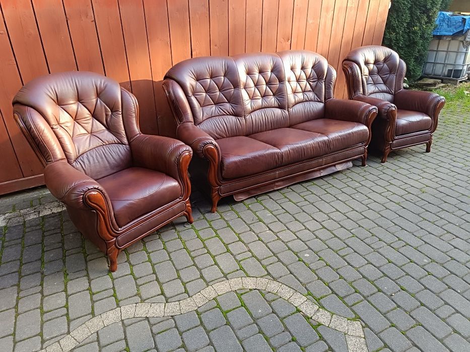 Komplet skórzany 3+1+1, sofa i fotele, styl Ludwikowski, skóra natural