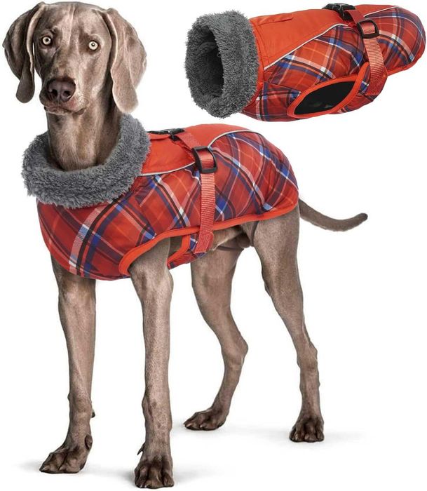 Hjyokuso Wodoodporna zimowa kurtka dla dużego psa czerwona w kratę XXL