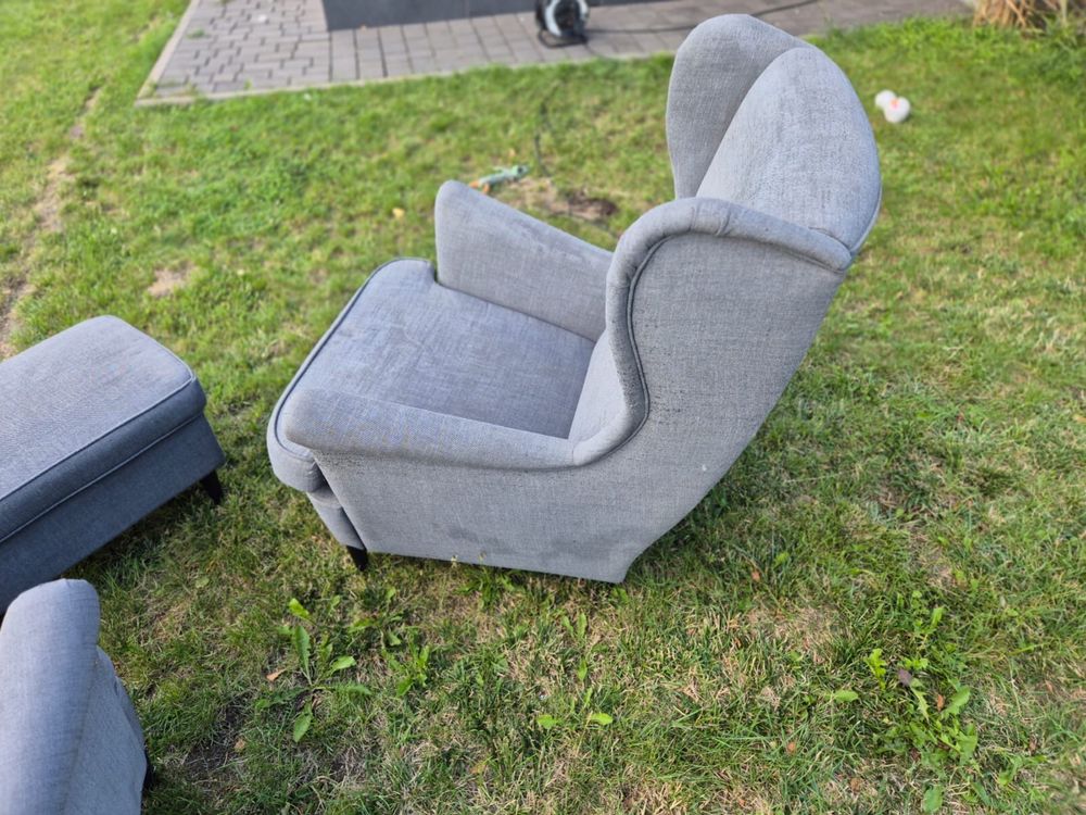 Zestaw Strandmon Ikea - sofa, fotel uszak, pufa/podnóżek